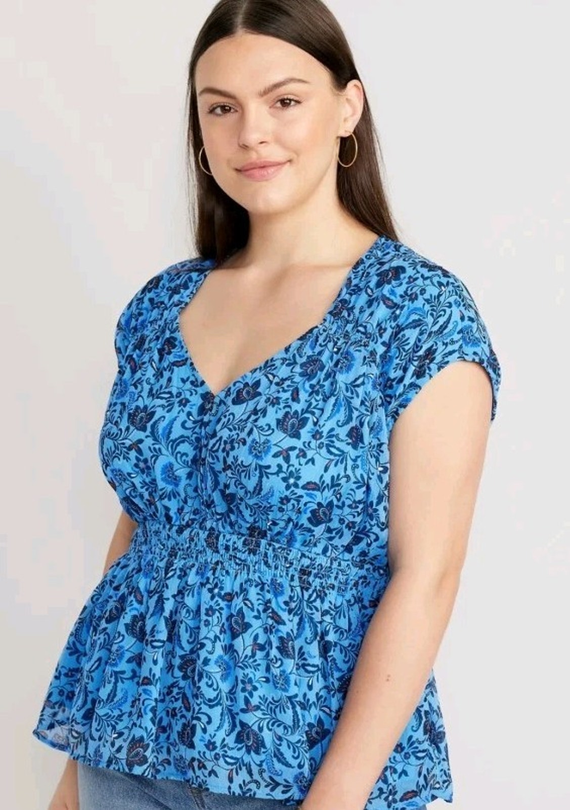 Nwt Old Navy Size Large Waist Defined Dolman Short Sleeve Top Blue Floral